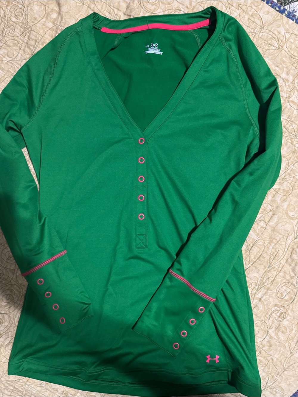Under Armour Green V-Neck Long-Sleeve Henley with Pink Accents